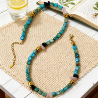 Collier rustique en pierre turquoise, collier ajustable en perles turquoise avec quartz rose et perles noires, idéal pour le bureau