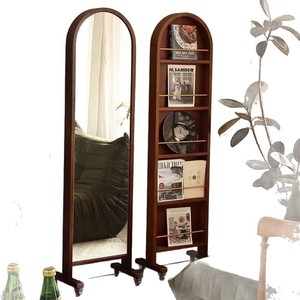 Retro Solid Wood Floor Mirror With Bookshelf Full Length Rotating Home Storage Vintage Walnut Black Mid Century Modern Design - Product Image 5