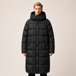 <b>Men's</b> <b>Long</b> <b>Black</b> Down <b>Coat</b> Hooded Straight Body Thick Padded Breathable Regular Sleeve Solid Color Single Button Closure - Product Image 1