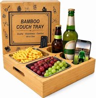Table de canapé en bambou, plateau porte-gobelets et à collations avec bols en acier inoxydable, organisateur pour soirées cinéma, TV, salon