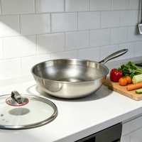 Wok FLEY en acier inoxydable 304 martelé, triple couche, antiadhésif, compatible induction, pour faire frire les steaks et cuisiner à la sauteuse