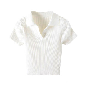 Polo de Punto para Mujer, Manga Corta, Color Rosa Sólido, Corte Ajustado, Cintura Alta, Estilo Veraniego - Product Image 5
