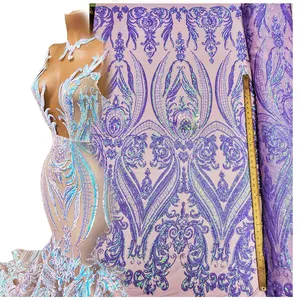 New Beyonce Design Luxury Elasticity Nylon Mesh Embroidered Iridescent Lilac Hourglass Sequins Lace Embroidery Lace Fabric