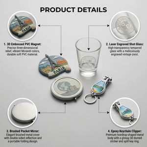 Ensemble cadeau souvenir de voyage personnalisé, promotionnel tout-en-un : aimant de réfrigérateur, verre à shot, miroir de poche pliant, porte-clés, coupe-ongles - Product Image 2