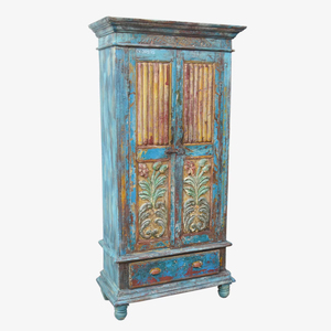 Haswani Handicrafts Antique Blue Wooden Almirah Handcrafted Rustic <b>Storage</b> Cabinet Vintage Carved <b>Wardrobe</b> Solid Wood Decorative - Product Image 1