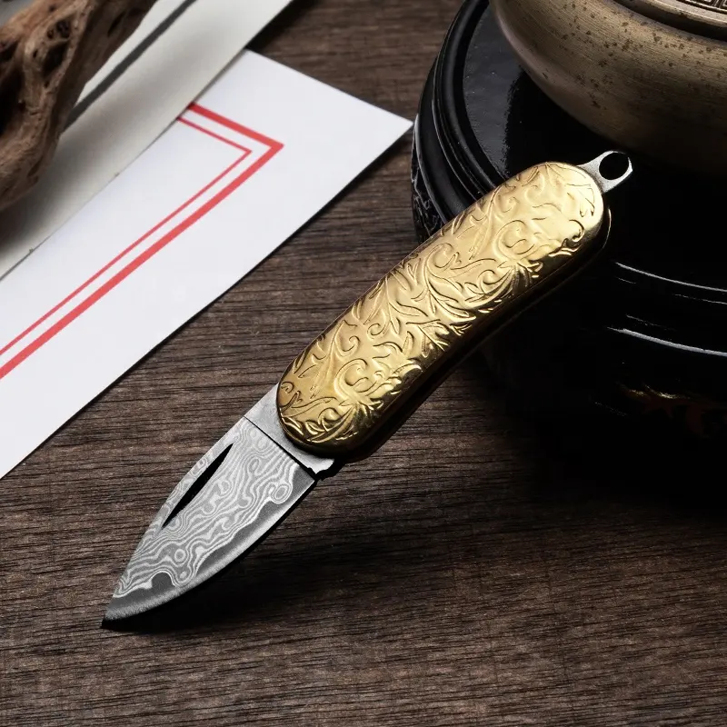 Small EDC Knife Brass Handle Damascus Compact Folding Tactical Pocket Box Cutter for Cutting