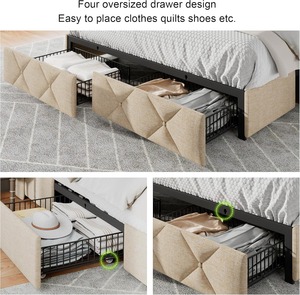 Factory Wholesale Double <strong>Bed</strong> Frame with 4 <strong>Storage</strong> Drawers <strong>Padded</strong> Buttons Fleece 4-inch <strong>Storage</strong> Headboard Beige for Easy Assembly - Product Image 4