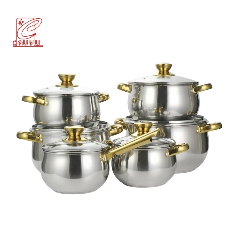 Set Peralatan Masak Baja Tahan Karat Thomas Inox, Panci Masak Emas Inox dengan Pegangan Emas 12 Buah