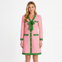 Robe en tricot Ponte pour femme, rose avec bordure verte, boutonnée sur le devant, élégante, tenue grecque de sororité, formelle, décontractée, mode