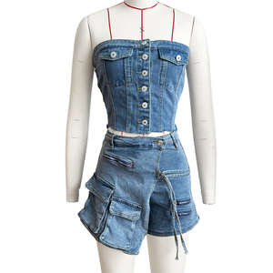 Conjunto de Top Corto sin Tirantes con Botones y Pantalones Cortos Tipo Falda, Estilo Chic, Tallas S-XXL, Conjunto de Dos Piezas de Mezclilla para <span class=keywords><strong>Mujer</strong></span> - Product Image 2