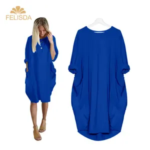 Directo de fábrica de vestidos de las señoras mujeres Casual suelto bolsillos manga larga XL 2XL 3XL 4XL 5XL 6XL Plus tamaño vestido de Color sólido