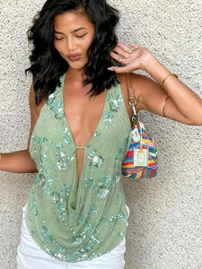Top Halter Estampado con Cuello Drapeado y Espalda Abierta con Cordón, Sin Mangas, para Vacaciones en la Playa, Marca FTS 1688, Envío Rápido, Servicio de Compra, Bajo Costo - Product Image 3