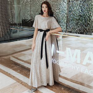 Sequined Evening Gown Women O-Neck <b>A</b>-<b>Line</b> Natural Waist Apricot Base Silver Black Dark Green Wrap Tie Long <b>Dress</b> Banquet Party - Product Image 1