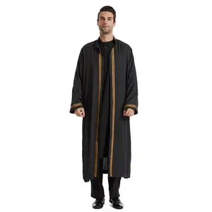 Saudi jubba thobe hồi giáo quần áo ramadan Đen kimono dài tay áo choàng caftan Dubai đứng cổ áo Arabic mở abaya cho nam giới