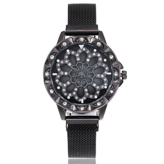 Fashionable New Model of Open-work Flower-pattern Rotating Watch Magnetic Stone Women's Quartz Watch