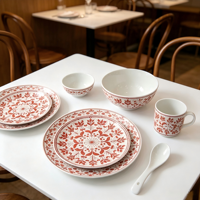 Ensemble de bols et assiettes en céramique rouge terre cuite à motifs floraux imprimés à la main, style bohème, vaisselle pour la maison, le restaurant, le camping et les cadeaux