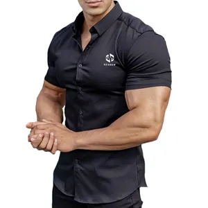 स्लिम फिट पुरुषों के स्नायु पोशाक शर्ट लघु आस्तीन आकस्मिक बटन नीचे शर्ट के लिए पुरुषों
