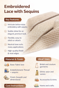 Ribete Tradicional de Encaje Bordado Floral Vintage Elegante con Lentejuelas 100% Algodón para Vestidos de Novia, Ropa Étnica y Decoración del Hogar (Ecológico) - Product Image 6
