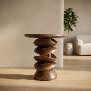 Mesa Auxiliar Apilable de Madera de Acacia Hecha a Mano |   Tablero de Mesa de Madera de Nogal Oscuro, Estilo Moderno de Mediados de Siglo, 18-20 Pulgadas de Diámetro, Ecológico - Product Image 2