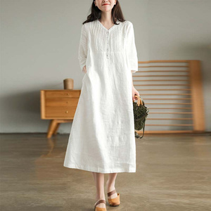 Abiti Estivi da Donna Casual Novità 2025 Stile Vintage Scollo a V Tinta Unita Larghi in Lino Mezza Manica Lunghi - Product Image 6