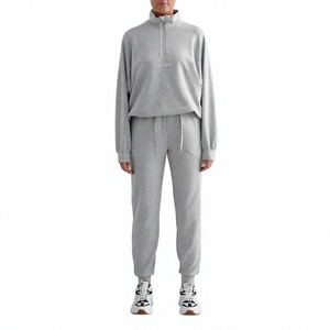 <b>Women's</b> Gray Fleece 2 Piece Tracksuit <b>Set</b> Loose Fit Casual Sportswear Full Sleeve Stand Collar Zipper Jogger Pants Ankle Length - Product Image 1