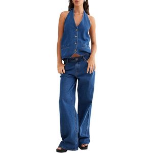 Conjunto de mezclilla Fisoew para mujer: Top sin espalda con botones y jeans de pierna ancha, conjunto de 2 piezas de algodón lavado a la piedra - Product Image 1