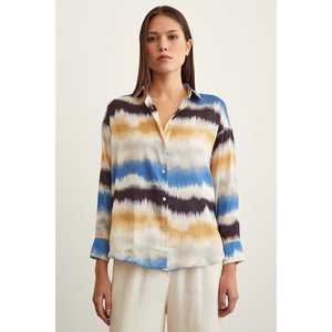 Camisa de gasa con estampado de acuarela para mujer, blusa azul informal con botones para uso diario - Product Image 5