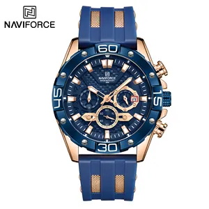 NAVIFORCE NF8019T Set Jam Tangan Olahraga Pria, Arloji Desain Baru Warna Biru Buatan Prc Harga Rendah Tali Karet Tahan Air 3 Panggilan Bercahaya