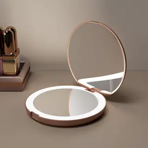 Rose Gold Wholesale Supplier Beauty Pocket Mini Small Makeup Hand Cosmetic Folding Compact Travel Mirror With Led Light