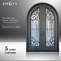Ventanas de vidrio templado de doble capa, puerta de entrada frontal de hierro forjado arqueada clásica para casas, puerta de Metal moderna para exteriores, 2 unidades