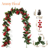 AM-FDAB04 Ammy 100/175cm Yapay Noel Yaprakları Kırmızı Meyvelerli Asma Çelenk Ev Dekorasyonu Noel Dekoratif Asma Çelenk