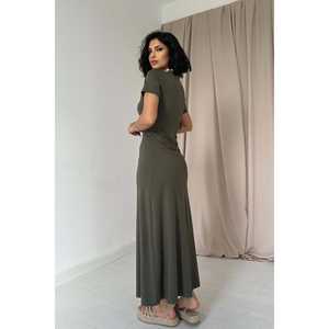 Robe longue kaki florale élégante en viscose, style kaftan, translucide, drapée, ajourée, taille XS, idéale pour les sorties de jour et les clubs. - Product Image 1