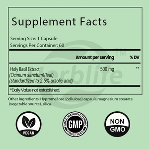 Capsules de basilic sacré Tulsi OEM ODM - Extrait de feuilles de basilic sacré, antioxydant, complément alimentaire à base de plantes, soutien à l'immunité et à la relaxation, végétalien - Product Image 2