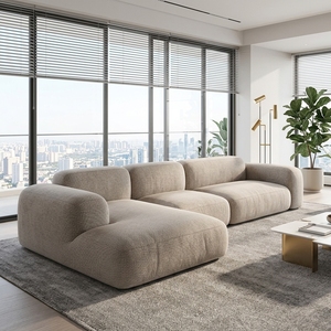 Divano Modulare a L Minimalista <span class=keywords><strong>Beige</strong></span> Arrotondato, Divano Sezionale a Basso Profilo per Ampio Soggiorno Moderno - Product Image 2