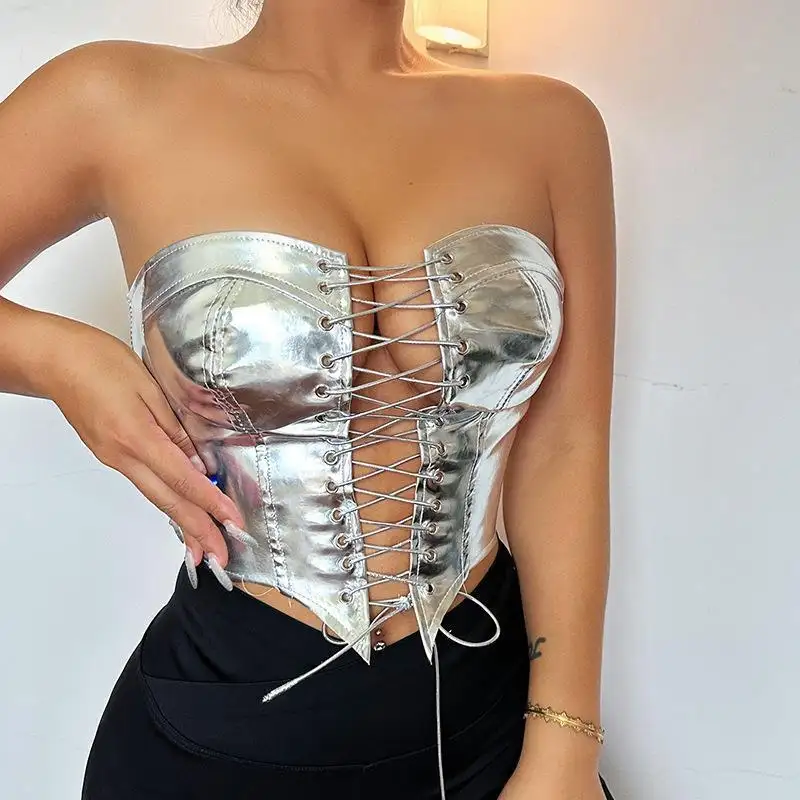 ربيع 2024 بوتيك مثير لامع ملابس حفلات نوادي corset up بأربطة توب قصير توبات تانك للنساء