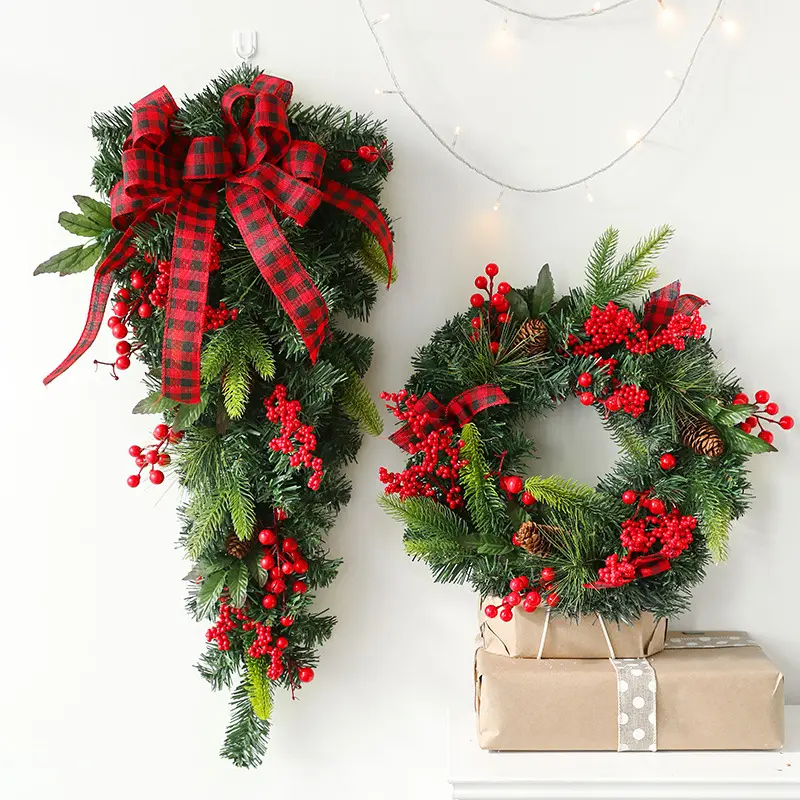 Noël rotin cercle PVC fruits rouges noël porche décorations porte Wearth joyeux noël noël décor fournitures