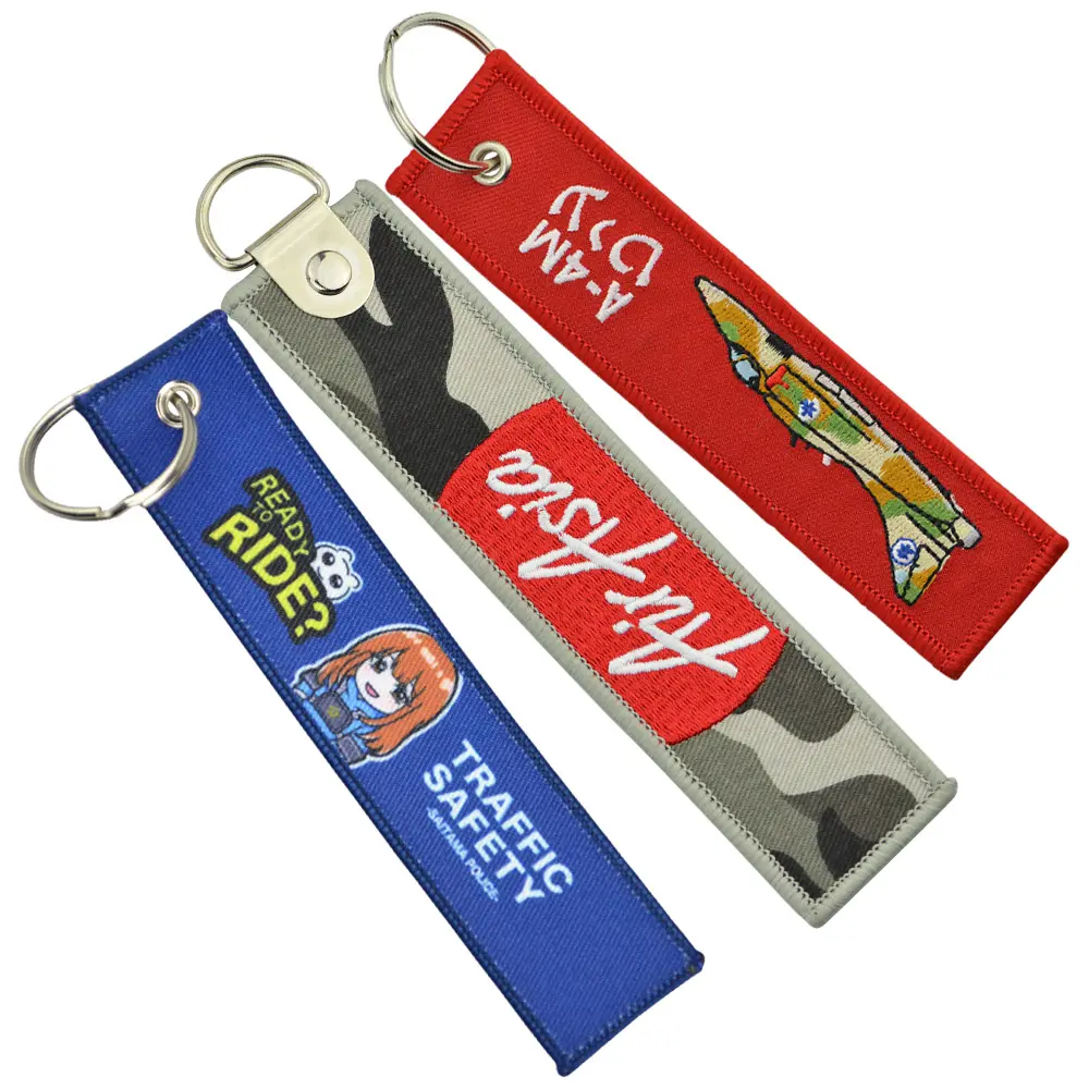 ส่วนบุคคลที่กำหนดเองขายส่งผ้าเย็บปักถักร้อย Patch Key Tag ปัก Key Chain Keyring พวงกุญแจ