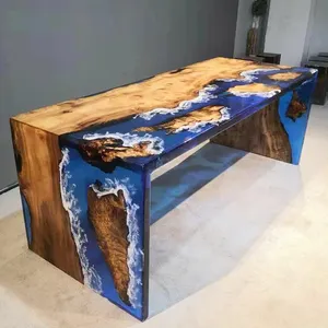 Mesa de jantar de resina epóxi do rio azul transparente, madeira sólida com perna de mesa