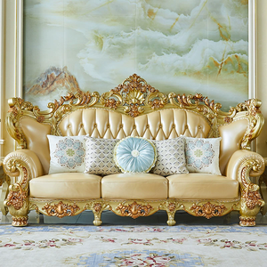 MR Luxury Royal European Leather Sectional <b>Sofa</b> Solid Wood Carved <b>Sofas</b> Wooden Couch Home Furniture Set Hotel Villa Apartment - Product Image 4