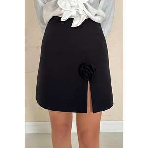 Wholesale Pencil <b>Skirt</b> with Slit and Rose Embroidery Detail Short Mini XS Size <b>Black</b> Cotton Spandex Floral Pattern - Product Image 2