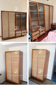 Armoire de rangement autoportante de luxe en bois massif et rotin avec cannage naturel, mobilier de chambre côtier pour vêtements - Product Image 5