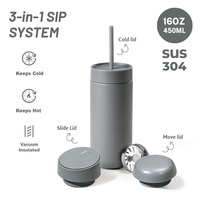 Coffret Cadeau 3-en-1 : Tasses à Café 12oz et 16oz, Gobelet Isotherme en Acier Inoxydable SS304, Thermos Sous Vide, Une Tasse Trois Couvercles, 450ml, Double Paroi, avec Paille