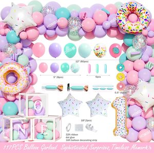 Kit de ballons d'<span class=keywords><strong>anniversaire</strong></span> sur le thème des beignets avec toile de fond Sweet One, bannière de ballons en feuille d'aluminium en forme de beignets, boîtes à ballons, affiche, décoration de gâteau - Product Image 3