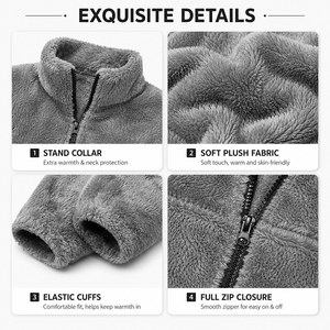 Men's Full <b>Zip</b> Plush Fleece Jacket Warm Stand Collar Elastic Cuff Plus Size Casual Coat for Hiking Travel Outdoor - Product Image 3