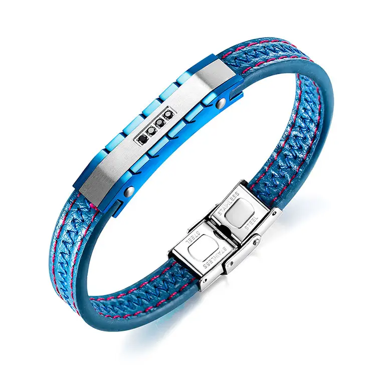 Commercio all'ingrosso Cool Men Jewelry accessori in acciaio inossidabile bracciale in pelle blu inciso con intarsio di zirconi