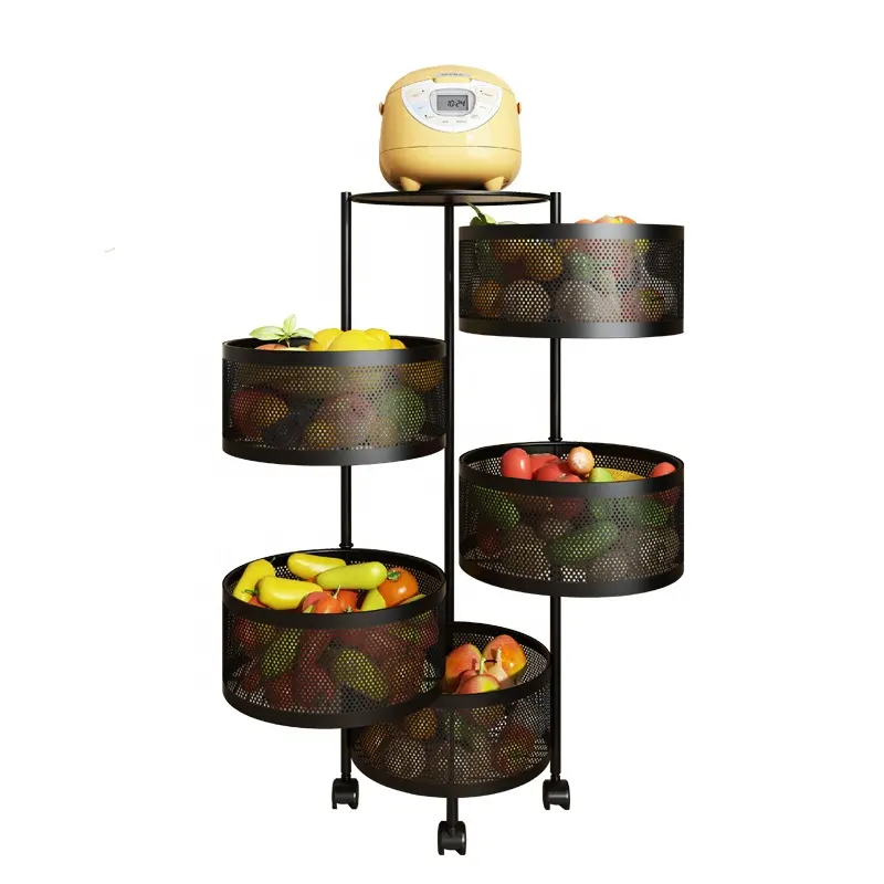 Échantillon gratuit Fruits Légumes Stockage Chariot Rack Cuisine Multi-couche Rond Cuisine Rack Mobile Rotatif Stockage utilitaire chariot