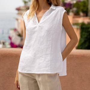 Camisa de Lino Informal a la Moda OEM, Blusa Holgada sin Mangas con Cuello y Aberturas Laterales - Product Image 2