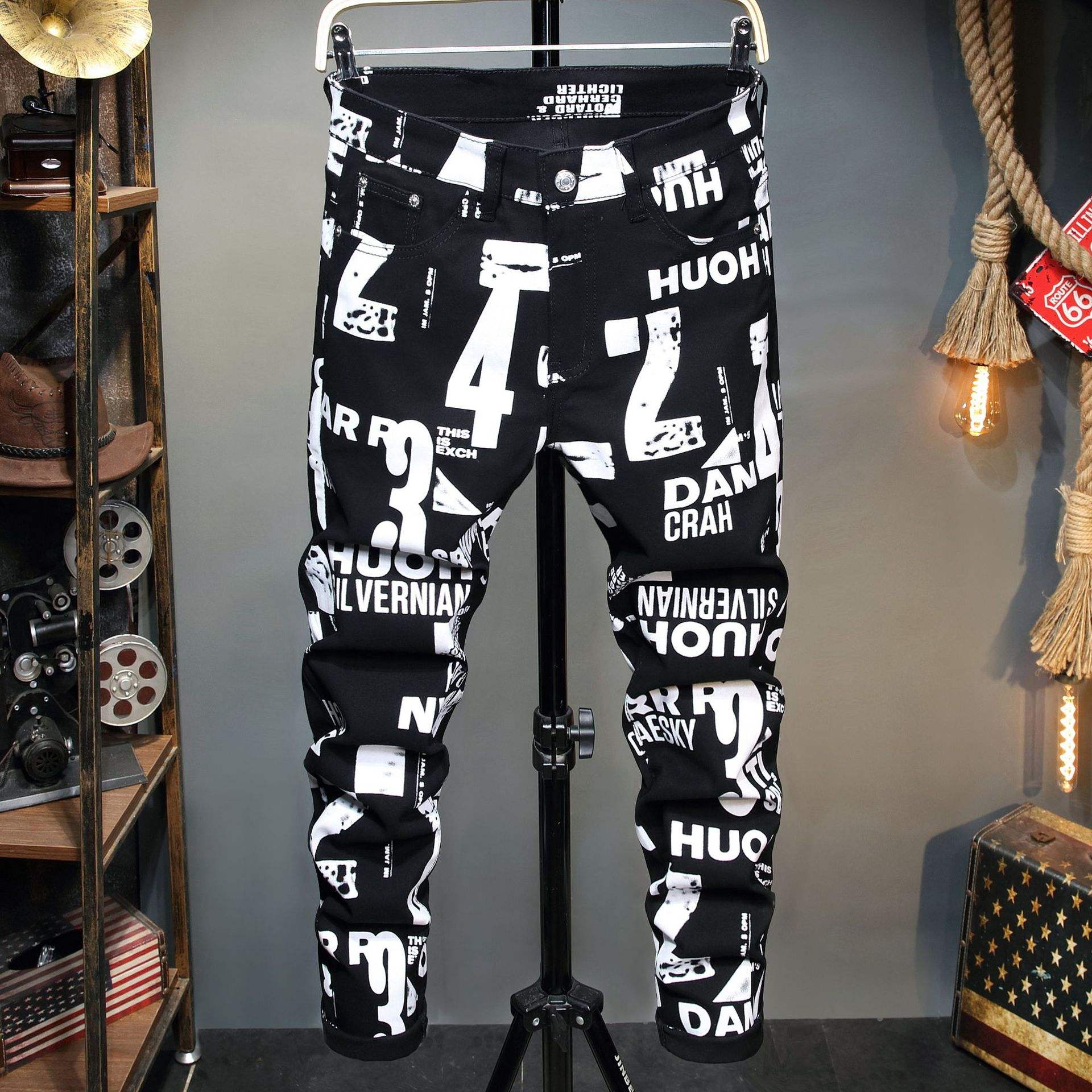 Men's Trendy Letter Printed Pants Korean Style Slim Fashion Small