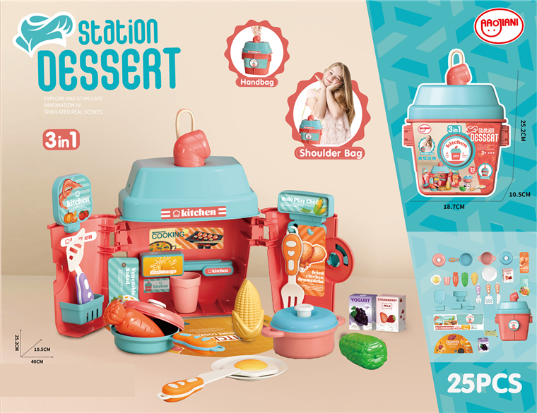 Juguetes de casita, tazas de té con leche, vajilla, bolso.