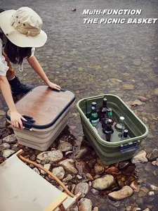 Neuer faltbarer 30L-Klappkorb aus Edelstahl im Freien mit tragbarem Tisch und Schneide brett aus Weiden picknick korb